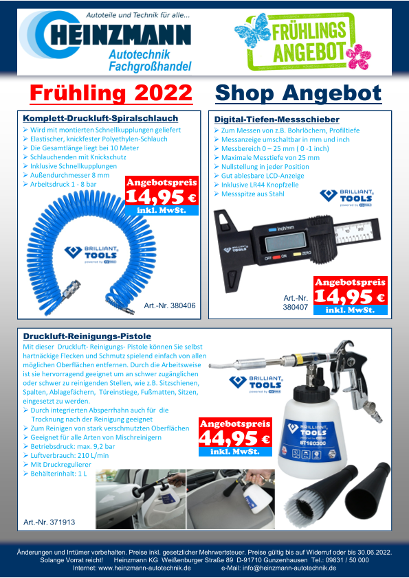 Frühling 2022 - Shop Angebot +++ Brilliant Tools - Komplett-Druckluft-Spiralschlauch +++ Digital-Tiefen-Messschieber +++ Druckluft-Reinigungs-Pistole