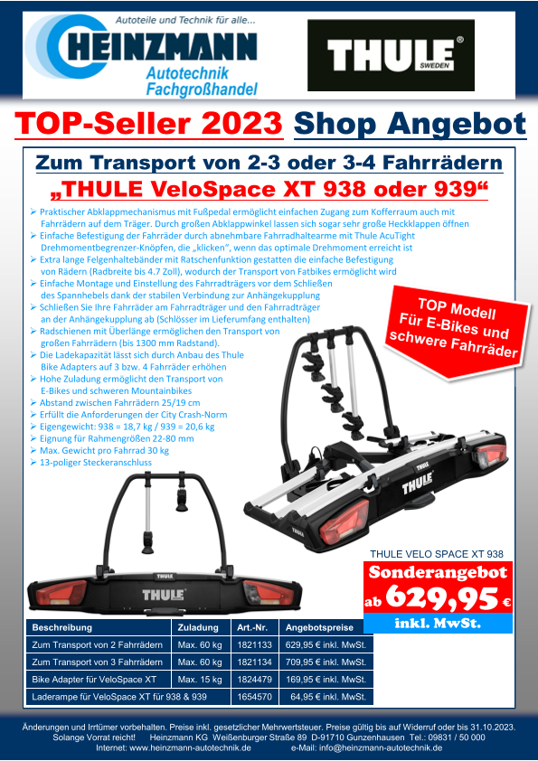 TOP-Seller 2023 - Shop Angebot +++ Zum Transport von 2-3 oder 3-4 Fahrrädern +++ „THULE VeloSpace XT 938 oder 939“