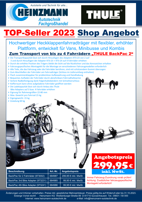 TOP-Seller 2023 - Shop Angebot +++ Hochwertiger Heckklappenfahrradträger mit flexibler, erhöhter Plattform, entwickelt für Vans, Minibusse und Kombis +++ Zum Transport von bis zu 4 Fahrrädern +++ „THULE BackPac 2“